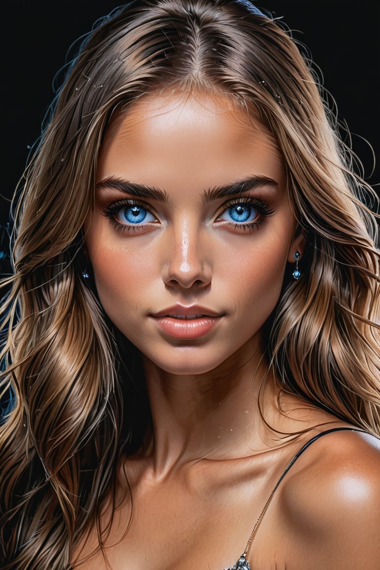 (best quality, 4K, 8K, high-resolution, masterpiece), sharp,ultra-detailed, realistic, photorealistic, woman, long hair, looking at viewer, blue eyes, simple background, jewelry, tanned skin, black background, portrait,perfect teeth
