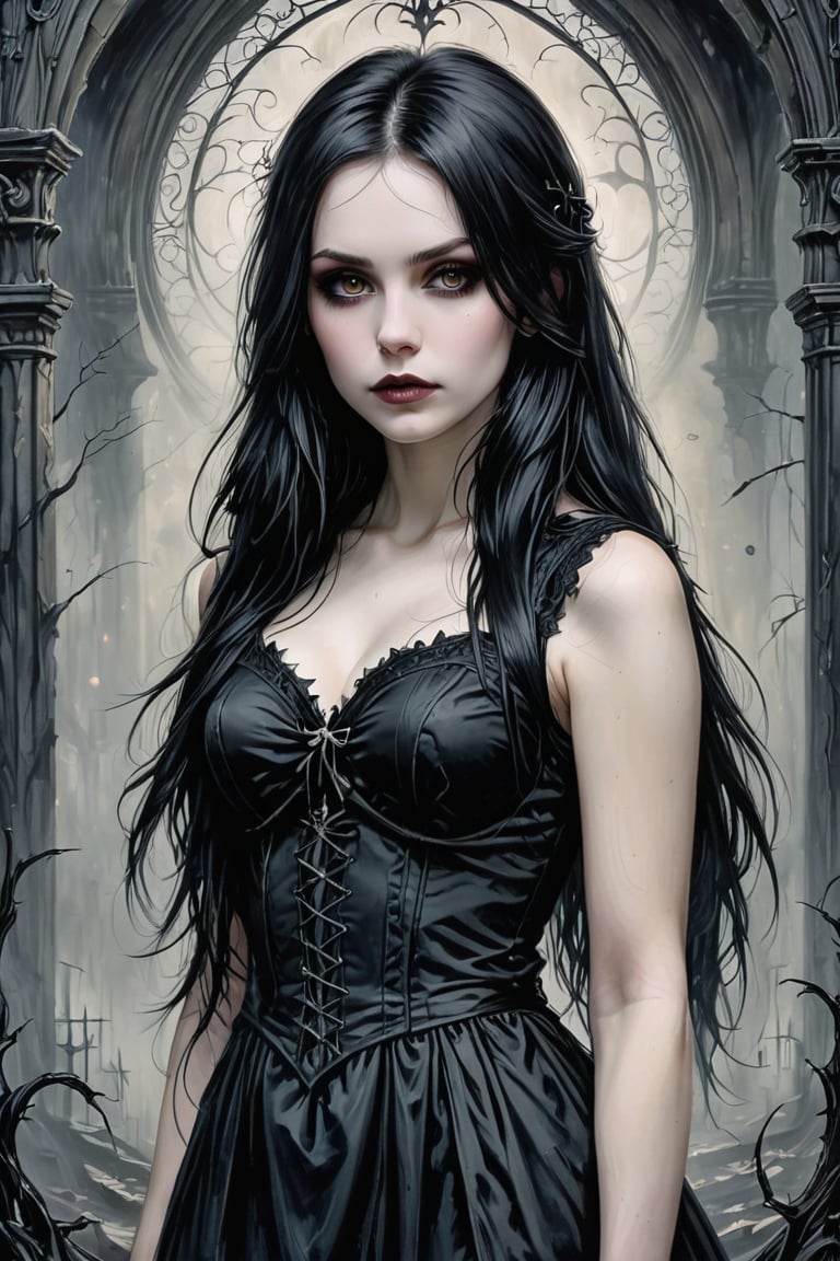 (best quality, 4K, 8K, high-resolution, masterpiece), sharp,ultra-detailed, realistic, photorealistic, woman, long hair, looking at viewer, black hair, pale skin, emo, goth, gothic girl, spooky background
