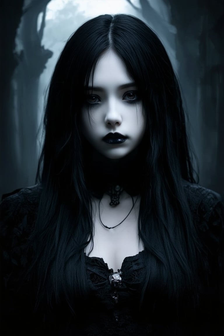 (best quality, 4K, 8K, high-resolution, masterpiece), sharp,ultra-detailed, realistic, photorealistic, woman, long hair, looking at viewer, black hair, pale skin, emo, goth, gothic girl, spooky background
