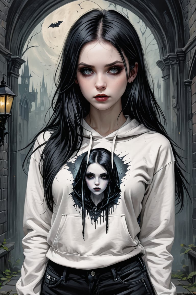 (best quality, 4K, 8K, high-resolution, masterpiece), sharp,ultra-detailed, realistic, photorealistic, woman, long hair, looking at viewer, black hair, pale skin, emo, goth, gothic girl, spooky background, croptop hoodie
