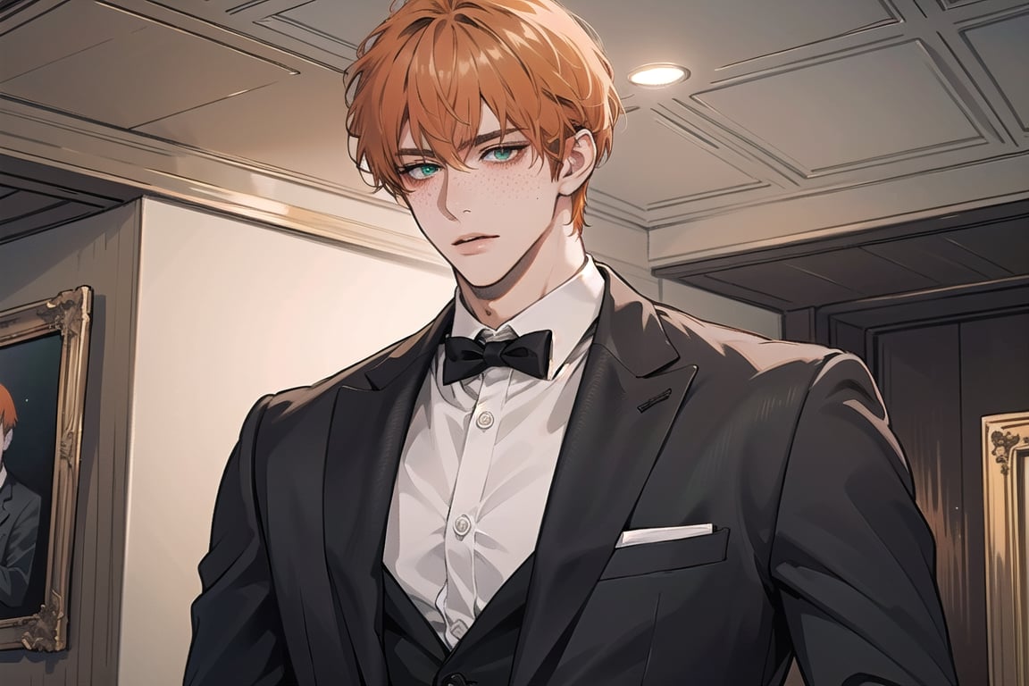 1 man, ((orange short curly hair)), (freckle), green eyes, handsome, shy, angular jaw, thick neck, upper body, male focus, (((simple suit:1.3))), long sleeve, by Raphael, masterpiece, upper body shot, magnificent indoor hall