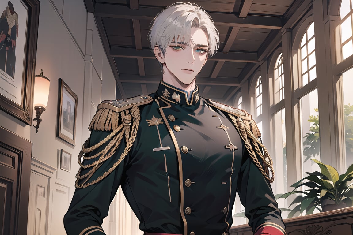 1 man, solo, ((white short hair)), green eyes, mature, ((thin:1.5)),(((slim figure:1.5))), (((narrow shoulders:1.5))), side-parting bangs, handsome, angular jaw, thick neck, military, soldier, army, (military uniform:1.3), long sleeve, by Raphael, masterpiece, upper body shot, magnificent indoor hall