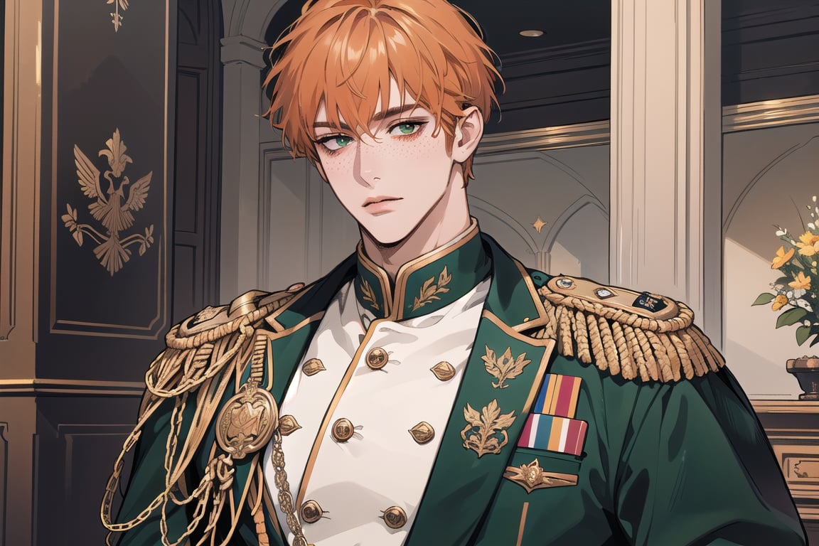 1 man, ((orange short curly hair)), (freckle), green eyes, handsome, angular jaw, thick neck, shy, royal, prince, upper body, male focus, (((simple military uniform:1.3))), long sleeve, by Raphael, masterpiece, upper body shot, magnificent indoor hall