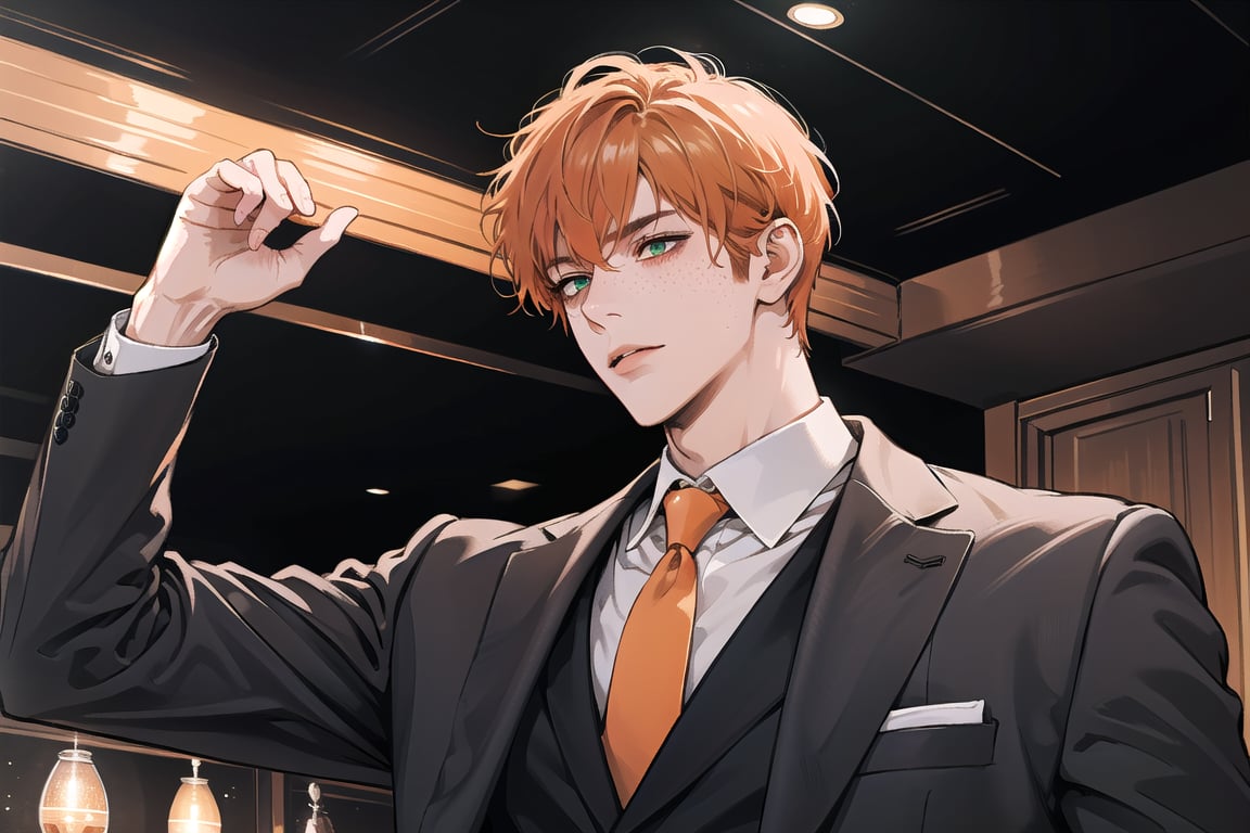 1 man, ((orange short curly hair)), (freckle), green eyes, handsome, shy, angular jaw, thick neck, upper body, male focus, (((simple suit:1.3))), long sleeve, by Raphael, masterpiece, upper body shot, magnificent indoor hall