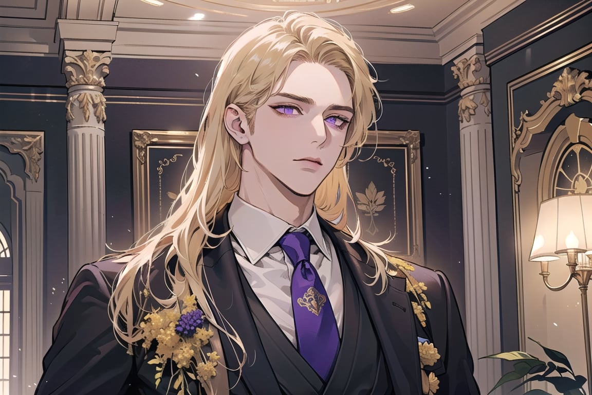 1man, mature, ((Goldenrod hair)), ((long coli hair)), (((half-down))), ((purple eyes)), mature, ((Medium score)), To reveal the forehead, handsome, angular jaw, thick neck, serious, ready for battle, royal, prince, upper body, male focus, (Three-piece Suit:1.3), long sleeve, by Raphael, masterpiece, upper body shot, magnificent indoor hall