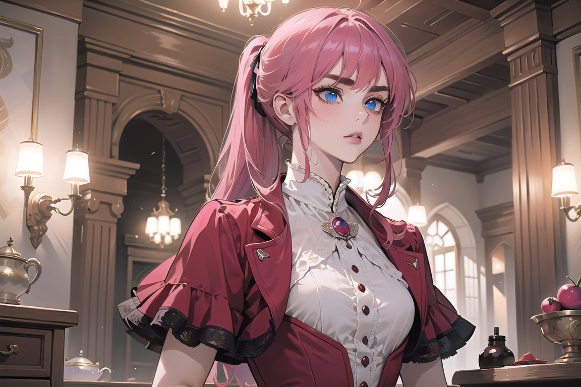 1 teen girl, solo, 1 teen girl, solo, ((Fuchsia hair)), (thick eyebrows), (small chest:1.1), (bangs), long ponytail, blue eyes, ready for battle, wearing a (red suit)), short sleeve, by Raphael, masterpiece, upper body shot, magnificent indoor hall