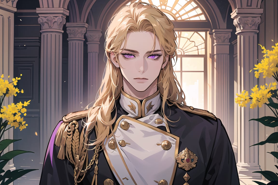 1man, mature, ((Goldenrod hair)), ((long coli hair)), (((half-down))), ((purple eyes)), mature, ((Medium score)), To reveal the forehead, handsome, angular jaw, thick neck, serious, ready for battle, royal, prince, upper body, male focus, (milatary uniform:1.3), long sleeve, by Raphael, masterpiece, upper body shot, magnificent indoor hall