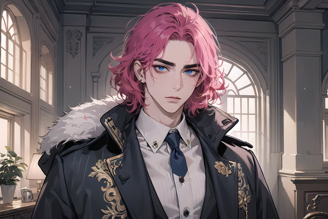 (((Fuchsia hair))), ((thick eyebrows)), ((Medium score)), To reveal the forehead, ((Split head)), ((messy hair)), ((wavy curly hair)), short hair, blue eyes, mature,1man, mature, handsome, angular jaw, thick neck, serious, ready for battle, jacket, upper body, male focus, uniform, (Morning Coat:1.3), long sleeve, by Raphael, masterpiece, upper body shot, magnificent indoor hall
