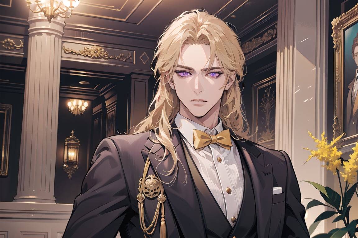 1man, mature, ((Goldenrod hair)), ((long coli hair)), (((half-down))), ((purple eyes)), mature, ((Medium score)), To reveal the forehead, handsome, angular jaw, thick neck, serious, ready for battle, royal, prince, upper body, male focus, (Three-piece Suit:1.3), long sleeve, by Raphael, masterpiece, upper body shot, magnificent indoor hall