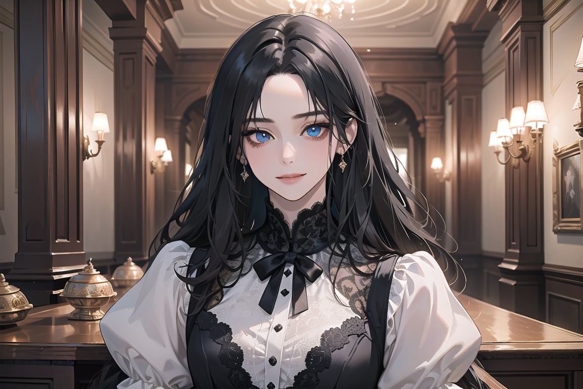 1 teen girl, solo, ((Black hair)), center parthair, straight long hair, blue eyes, evil smile, Red Bows, wearing a ((black Romanticism dress)), long sleeve, black lace, by Raphael, masterpiece, upper body shot, magnificent indoor hall