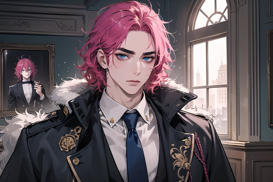 looking at viewer, (((Fuchsia hair))), ((thick eyebrows)), ((Medium score)), To reveal the forehead, ((Split head)), ((messy hair)), ((wavy curly hair)), short hair, blue eyes, mature,1man, mature, handsome, angular jaw, thick neck, serious, ready for battle, jacket, upper body, male focus, uniform, (Morning Coat:1.3), long sleeve, by Raphael, masterpiece, upper body shot, magnificent indoor hall
