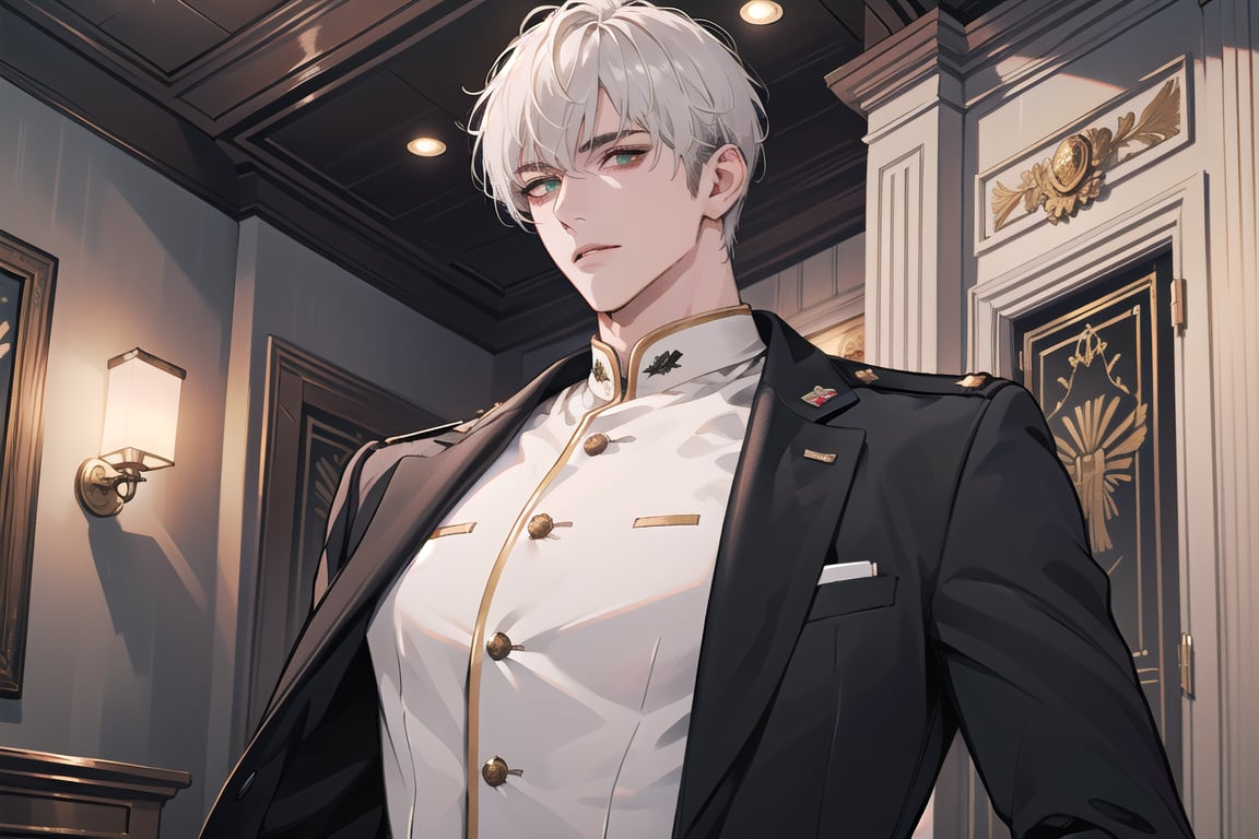 1 man, solo, ((white short hair)), green eyes, mature, ((thin:1.5)),(((slim figure:1.5))), (((narrow shoulders:1.5))), side-parting bangs, handsome, angular jaw, thick neck, military, soldier, army, (Slim-fit Suit:1.1), long sleeve, by Raphael, masterpiece, upper body shot, magnificent indoor hall