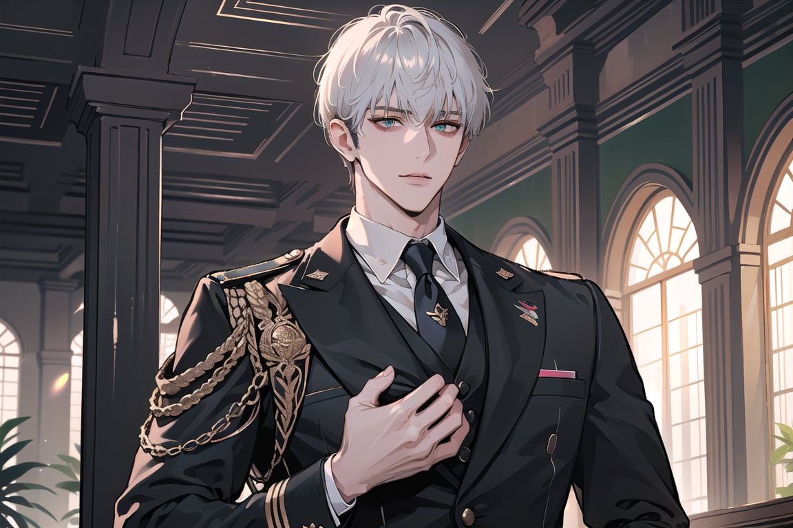 1 man, solo, ((white short hair)), (side part bangs), green eyes, mature, ((thin:1.5)), (((slim figure:1.5))), (((narrow shoulders:1.5))), side-parting bangs, handsome, angular jaw, thick neck, military, soldier, army, (Slim-fit Suit:1.1), long sleeve, by Raphael, masterpiece, upper body shot, magnificent indoor hall