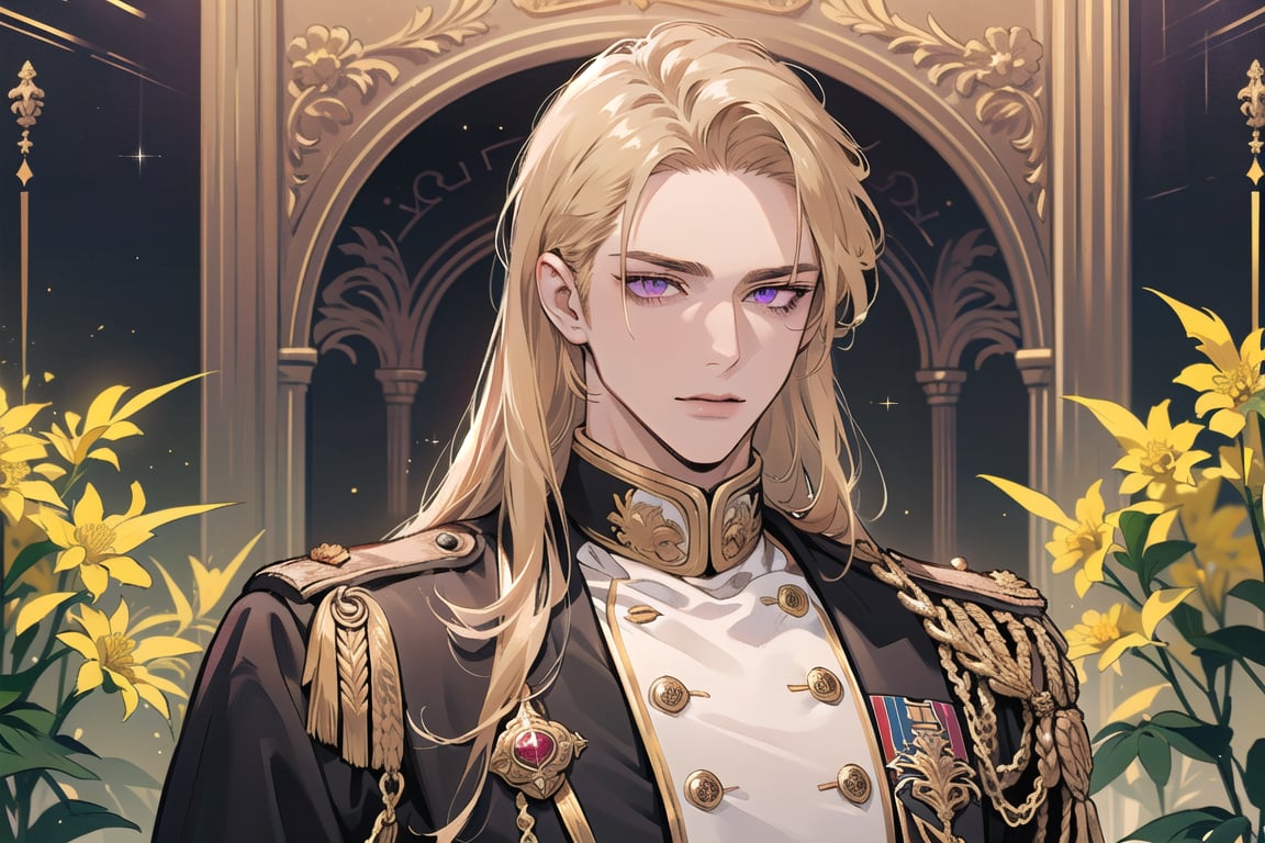 1man, mature, ((Goldenrod hair)), ((long coli hair)), (((half-down))), ((purple eyes)), mature, ((Medium score)), To reveal the forehead, handsome, angular jaw, thick neck, serious, ready for battle, royal, prince, upper body, male focus, (milatary uniform:1.3), long sleeve, by Raphael, masterpiece, upper body shot, magnificent indoor hall