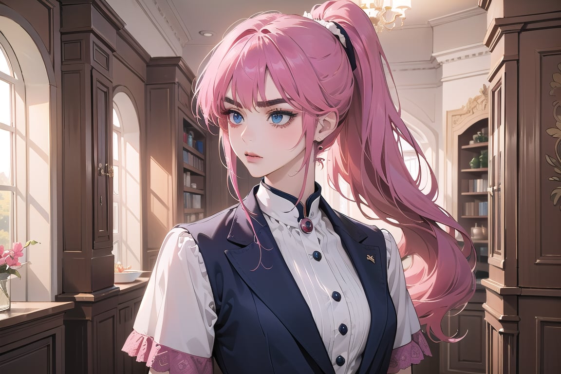 1 teen girl, solo, 1 teen girl, solo, ((Fuchsia hair)), (thick eyebrows), (small chest:1.1), (bangs), ((long ponytail)), blue eyes, mad, wearing a (navy suit)), short sleeve, by Raphael, masterpiece, upper body shot, magnificent indoor hall