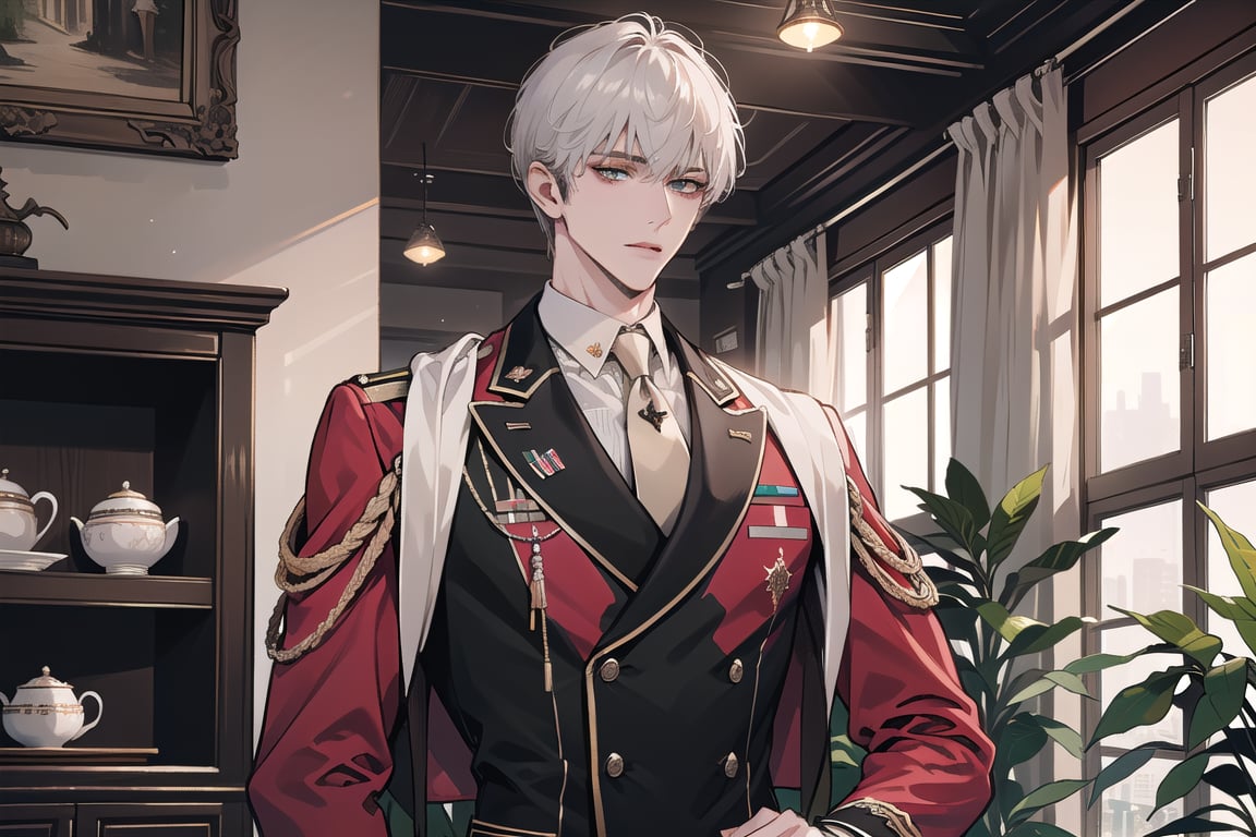 1 man, solo, ((white short hair)), green eyes, mature, ((thin:1.5)),(((slim figure:1.5))), (((narrow shoulders:1.5))), side-parting bangs, handsome, angular jaw, thick neck, military, soldier, army, (Slim-fit Suit:1.1), long sleeve, by Raphael, masterpiece, upper body shot, magnificent indoor hall