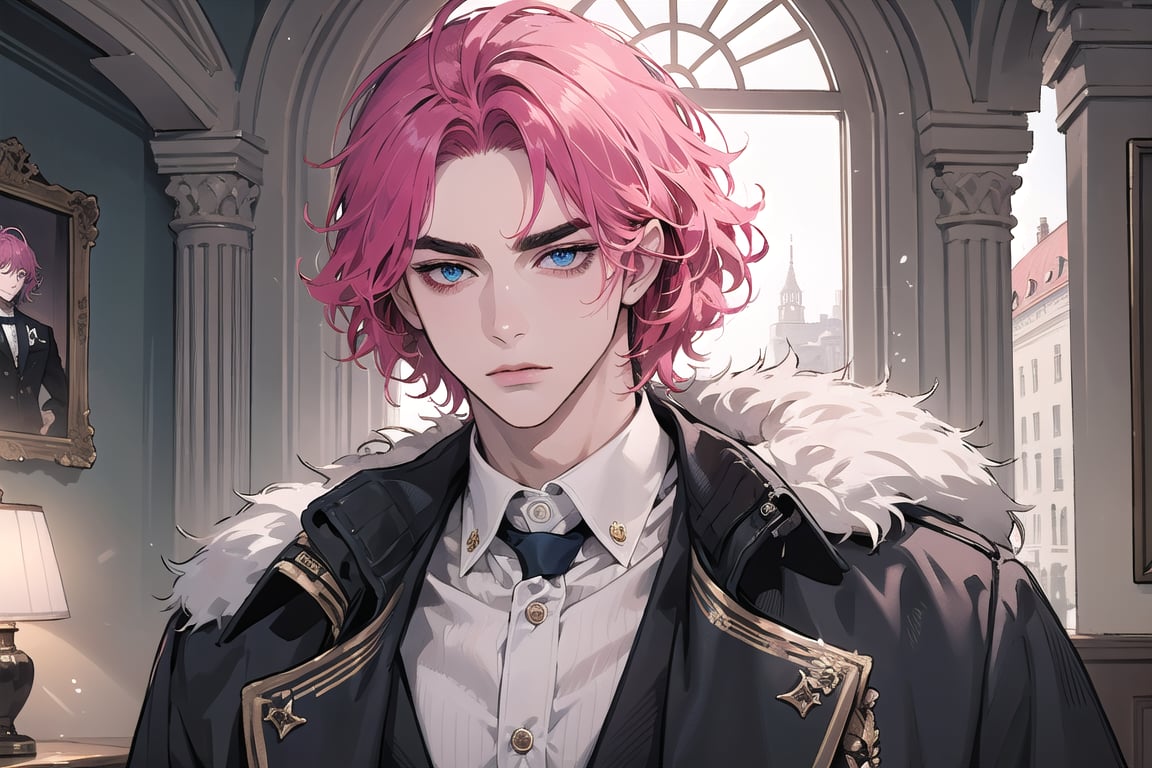 (((Fuchsia hair))), ((thick eyebrows)), ((Medium score)), To reveal the forehead, ((Split head)), ((messy hair)), ((wavy curly hair)), short hair, blue eyes, mature,1man, mature, handsome, angular jaw, thick neck, serious, ready for battle, jacket, upper body, male focus, uniform, (Morning Coat:1.3), long sleeve, by Raphael, masterpiece, upper body shot, magnificent indoor hall
