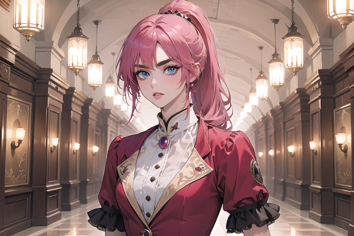 1 teen girl, solo, 1 teen girl, solo, ((Fuchsia hair)), (thick eyebrows), (small chest:1.1), (bangs), ((long ponytail)), blue eyes, mad, wearing a (red suit)), short sleeve, by Raphael, masterpiece, upper body shot, magnificent indoor hall