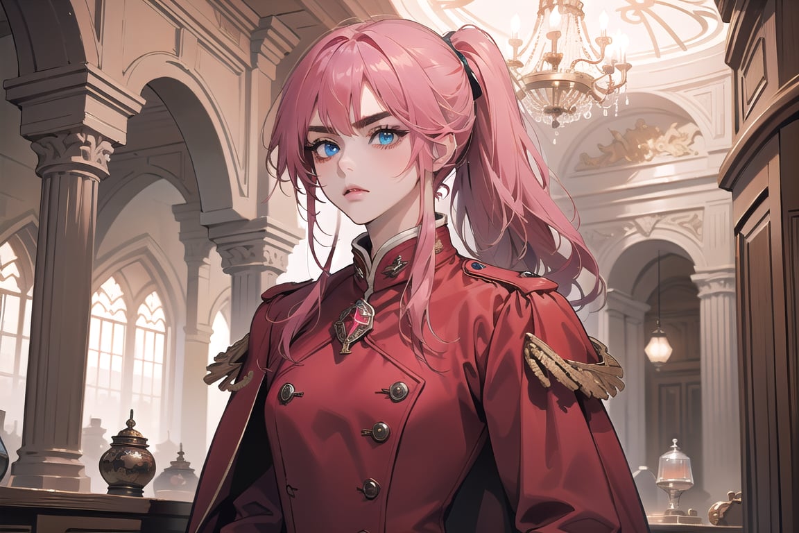 1 teen girl, solo, 1 teen girl, solo, ((Fuchsia hair)), (thick eyebrows), (small chest:1.1), (bangs), long ponytail, blue eyes, ready for battle, wearing a (red Greatcoat)), long sleeve, by Raphael, masterpiece, upper body shot, magnificent indoor hall