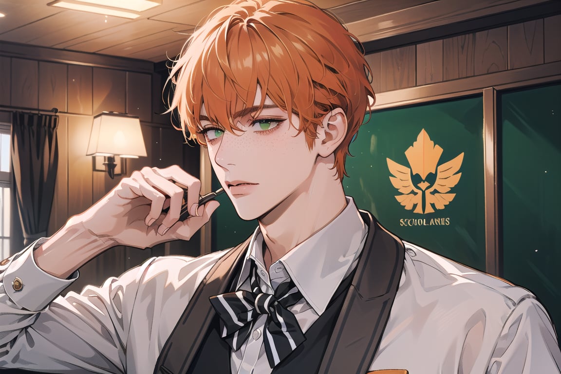 1 man, ((orange short curly hair)), (freckle), green eyes, handsome, shy, angular jaw, thick neck, upper body, male focus, (((school uniform:1.3))), long sleeve, by Raphael, masterpiece, upper body shot, magnificent indoor hall