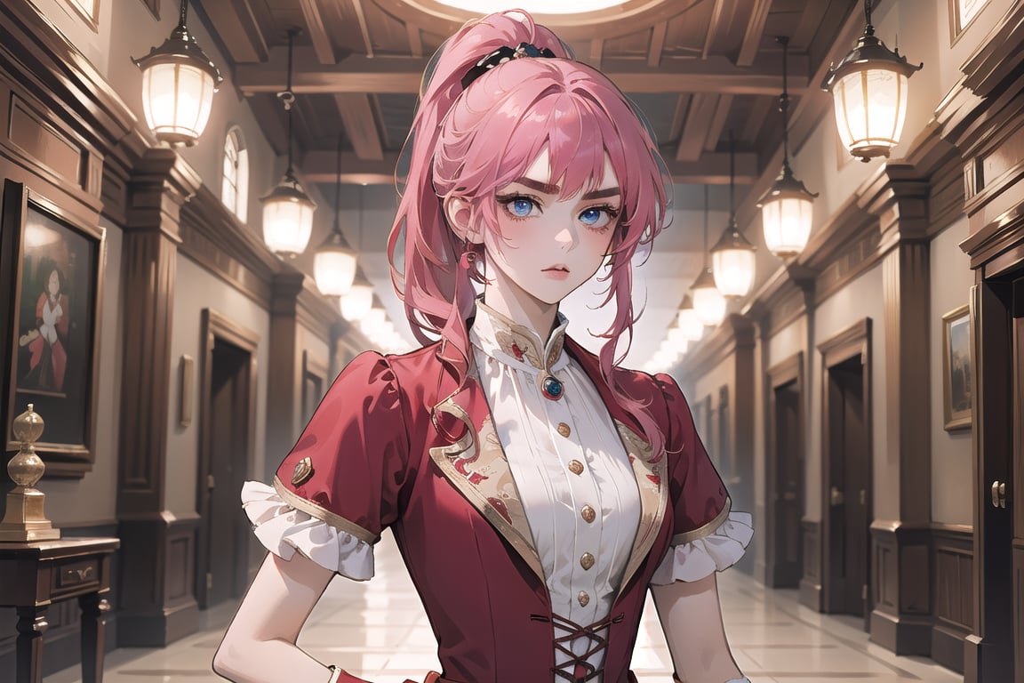 1 teen girl, solo, 1 teen girl, solo, ((Fuchsia hair)), (thick eyebrows), (small chest:1.1), (bangs), ((long ponytail)), blue eyes, mad, wearing a (red suit)), short sleeve, by Raphael, masterpiece, upper body shot, magnificent indoor hall