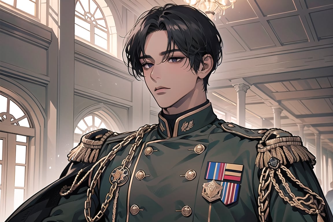 1 man, solo, ((black very short hair)), (((dark skin:1.5))), (((center-parting bangs:1.5))), black eyes, mature, ((thin:1.5)), (((slim figure:1.5))), (((narrow shoulders:1.5))), handsome, angular jaw, thick neck, military, soldier, army, (military uniform:1.3), long sleeve, by Raphael, masterpiece, upper body shot, magnificent indoor hall