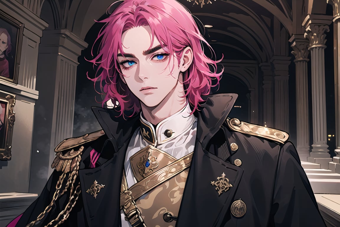 1man, mature, (((Fuchsia hair))), ((thick eyebrows)), ((Medium score)), To reveal the forehead, ((Split head)), ((messy hair)), ((wavy curly hair)), short hair, blue eyes, mature, handsome, angular jaw, thick neck, serious, ready for battle, jacket, upper body, male focus, uniform, (Frock Coat:1.3), long sleeve, by Raphael, masterpiece, upper body shot, magnificent indoor hall
