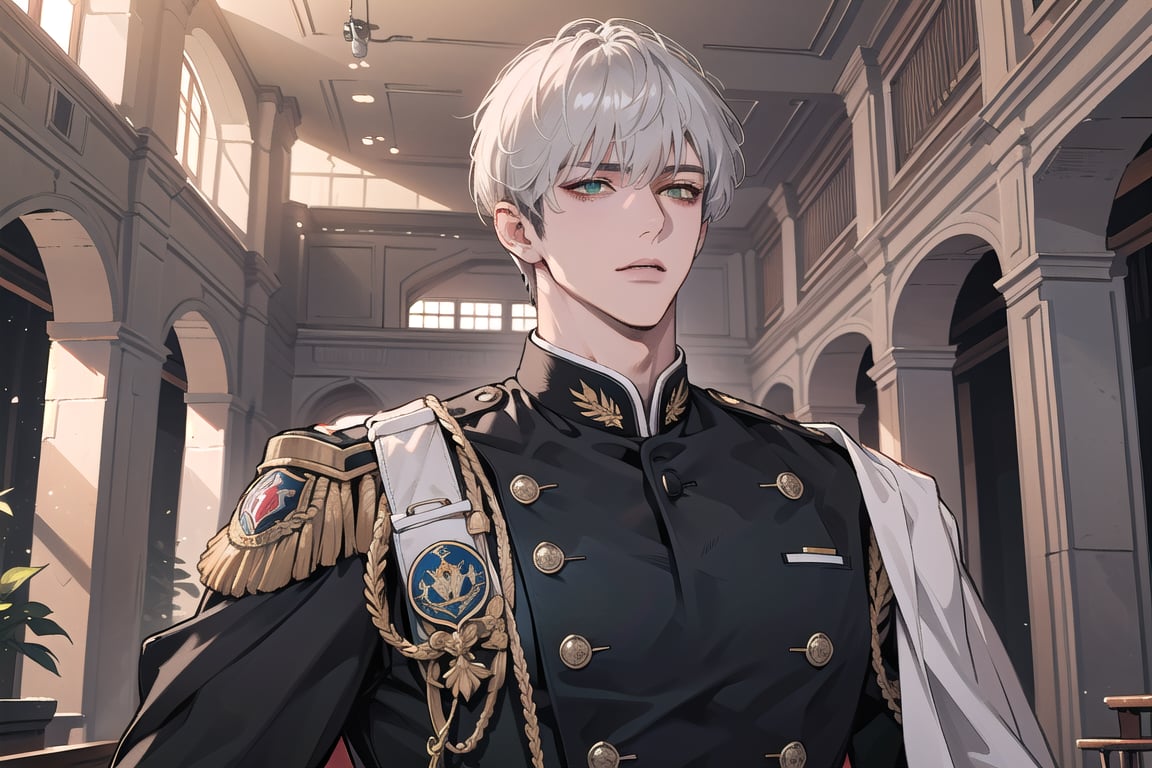 1 man, solo, ((white short hair)), green eyes, mature, ((thin:1.5)),(((slim figure:1.5))), (((narrow shoulders:1.5))), side-parting bangs, handsome, angular jaw, thick neck, military, soldier, army, (Double-breasted Suit:1.1), long sleeve, by Raphael, masterpiece, upper body shot, magnificent indoor hall