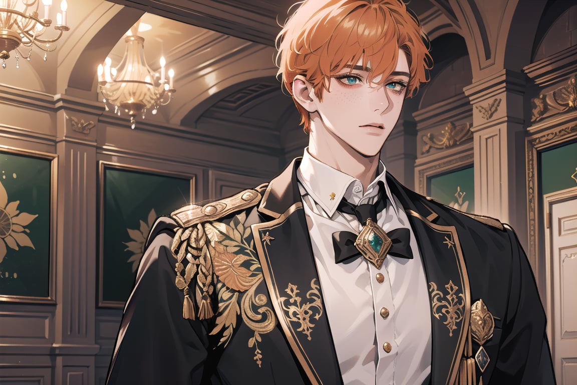 1 man, ((orange short curly hair)), (freckle), green eyes, handsome, angular jaw, thick neck, shy, royal, prince, upper body, male focus, (((school uniform:1.3))), long sleeve, by Raphael, masterpiece, upper body shot, magnificent indoor hall