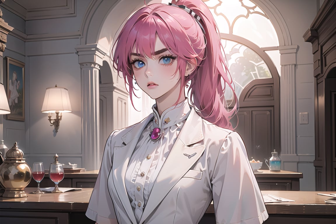 1 teen girl, solo, 1 teen girl, solo, ((Fuchsia hair)), (thick eyebrows), (small chest:1.1), (bangs), ((long ponytail)), blue eyes, mad, wearing a (white suit)), short sleeve, by Raphael, masterpiece, upper body shot, magnificent indoor hall