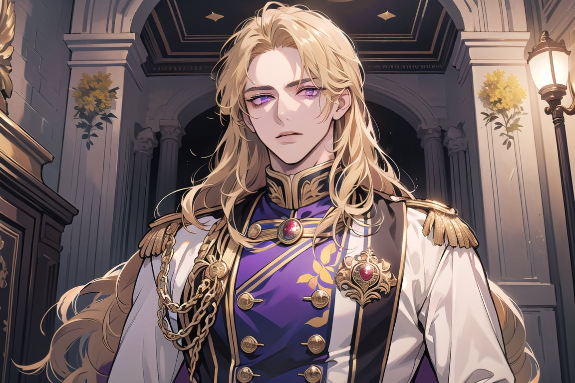 1man, mature, ((Goldenrod hair)), ((long coli hair)), (((half-down))), ((purple eyes)), mature, ((Medium score)), To reveal the forehead, handsome, angular jaw, thick neck, serious, ready for battle, royal, prince, upper body, male focus, (milatary uniform:1.3), long sleeve, by Raphael, masterpiece, upper body shot, magnificent indoor hall