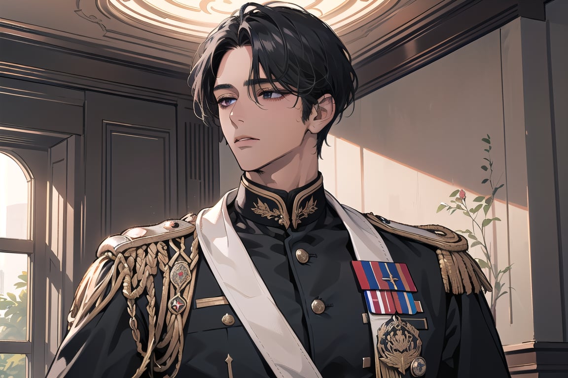 1 man, solo, ((black short hair)), (((dark skin:1.5))), (((center-parting bangs:1.5))), black eyes, mature, ((thin:1.5)), (((slim figure:1.5))), (((narrow shoulders:1.5))), handsome, angular jaw, thick neck, military, soldier, army, (military uniform:1.3), long sleeve, by Raphael, masterpiece, upper body shot, magnificent indoor hall