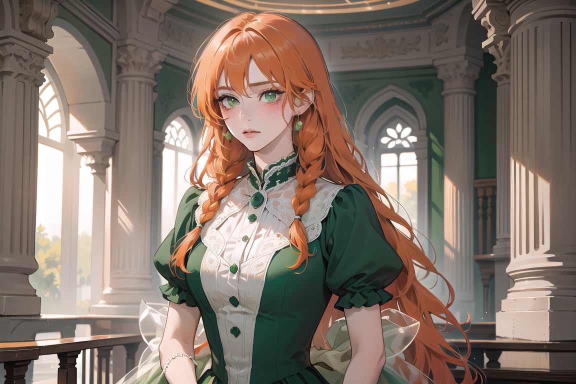 1 teen girl, solo, ((Tangerine hair)), (freckle), (twin braids), bang, long wavy hair, green eyes, shy, wearing a (green Romanticism Gown)), short sleeve, by Raphael, masterpiece, upper body shot, magnificent indoor hall