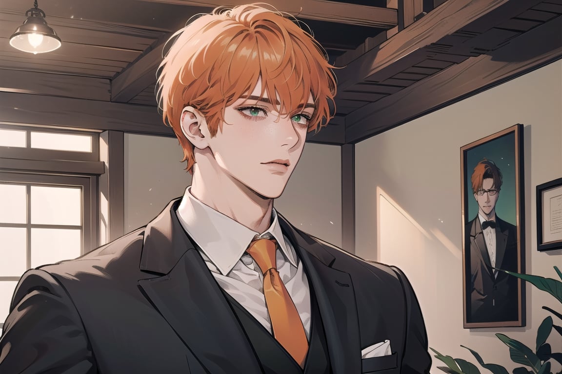 1 man, ((orange short curly hair)), (freckle), green eyes, handsome, shy, angular jaw, thick neck, upper body, male focus, (((simple suit:1.3))), long sleeve, by Raphael, masterpiece, upper body shot, magnificent indoor hall