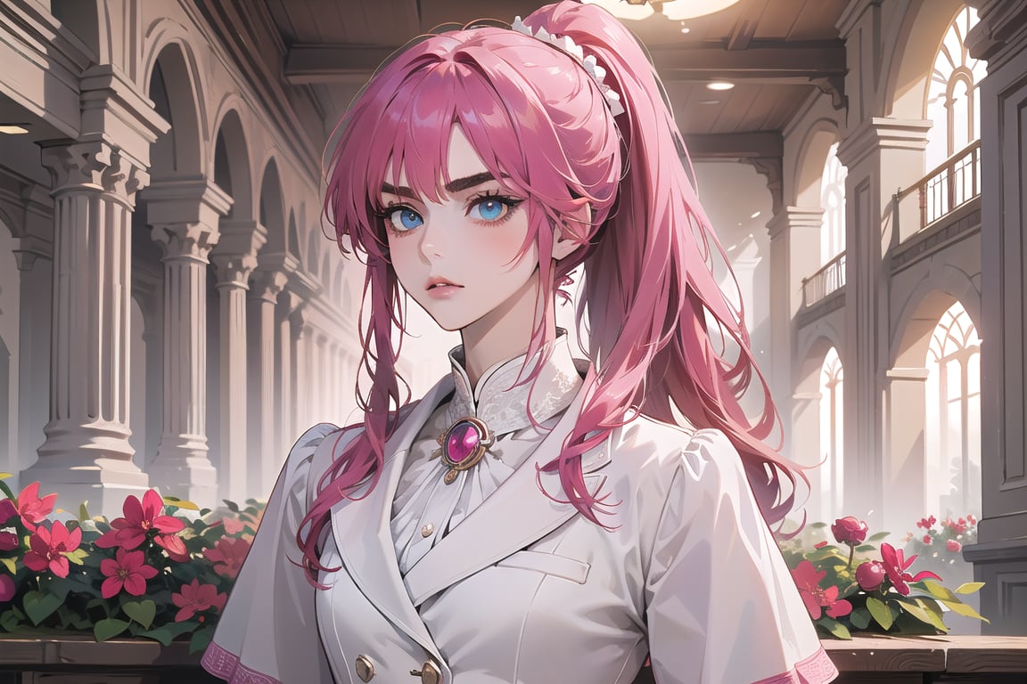 1 teen girl, solo, 1 teen girl, solo, ((Fuchsia hair)), (thick eyebrows), (small chest:1.1), (bangs), ((long ponytail)), blue eyes, mad, wearing a (white suit)), short sleeve, by Raphael, masterpiece, upper body shot, magnificent indoor hall