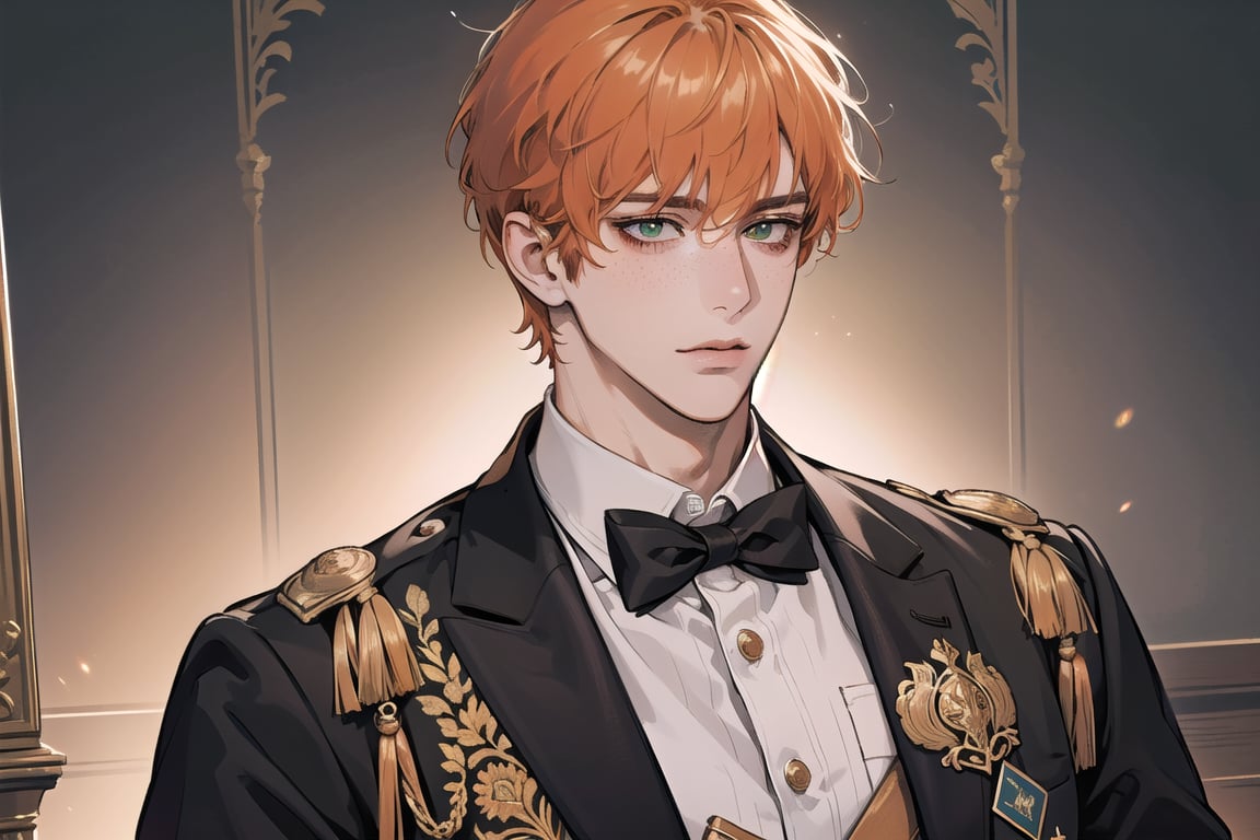 1 man, ((orange short curly hair)), (freckle), green eyes, handsome, angular jaw, thick neck, shy, royal, prince, upper body, male focus, (((simple school uniform:1.3))), long sleeve, by Raphael, masterpiece, upper body shot, magnificent indoor hall