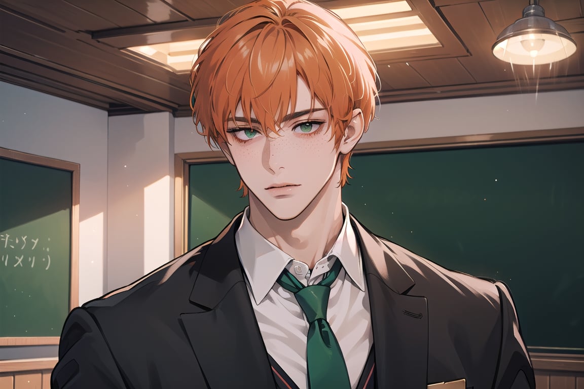 1 man, ((orange short curly hair)), (freckle), green eyes, handsome, shy, angular jaw, thick neck, upper body, male focus, (((school uniform:1.3))), long sleeve, by Raphael, masterpiece, upper body shot, magnificent indoor hall