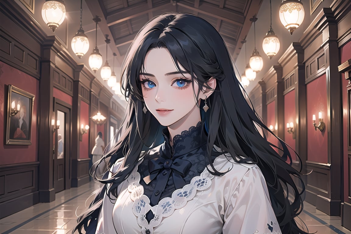 1 teen girl, solo, ((Black hair)), center parthair, straight long hair, blue eyes, evil smile, Red Bows, wearing a ((navy Romanticism dress)), long sleeve, black lace, by Raphael, masterpiece, upper body shot, magnificent indoor hall