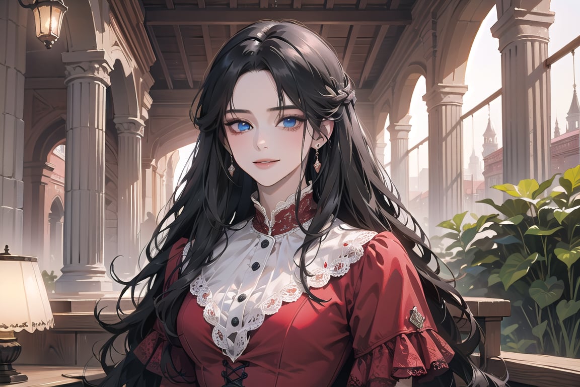 1 teen girl, solo, ((Black hair)), center parthair, straight long hair, blue eyes, evil smile, Red Bows, wearing a ((red Romanticism dress)), black lace, by Raphael, masterpiece, upper body shot, magnificent indoor hall