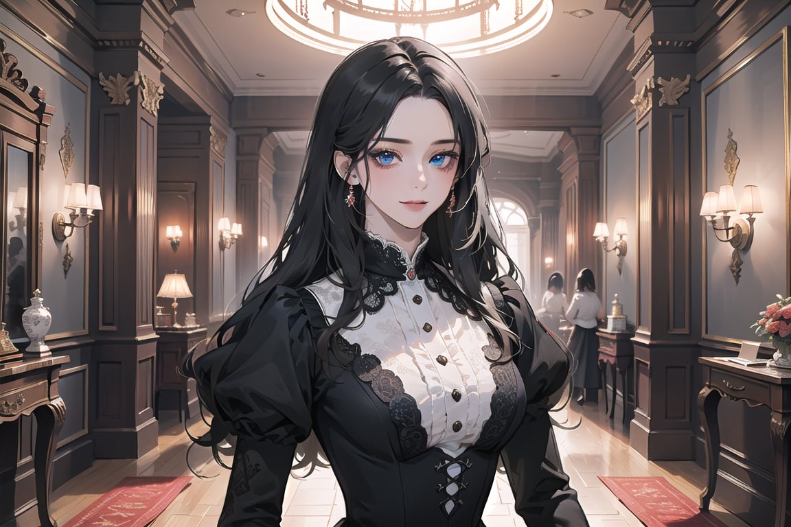 1 teen girl, solo, ((Black hair)), center parthair, straight long hair, blue eyes, evil smile, Red Bows, wearing a ((black Romanticism dress)), long sleeve, black lace, by Raphael, masterpiece, upper body shot, magnificent indoor hall