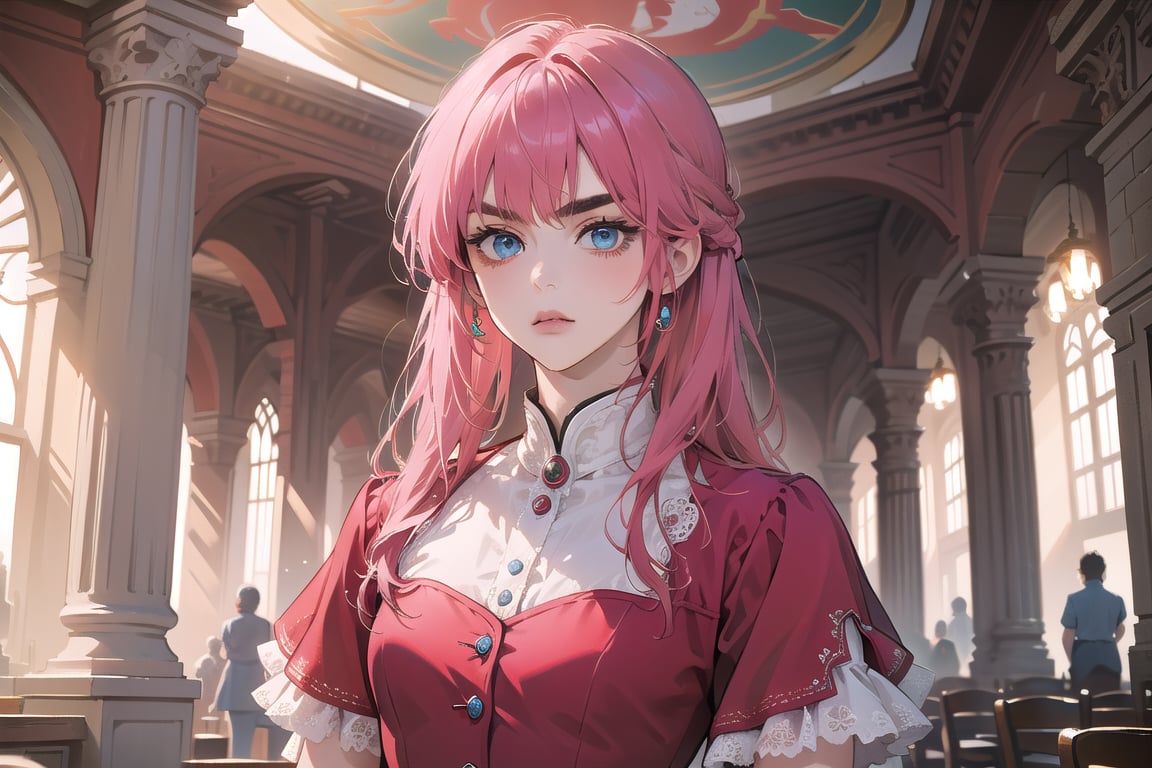 1 teen girl, solo, 1 teen girl, solo, ((Fuchsia hair)), (thick eyebrows), (small chest:1.1), (bangs), long ponytail, blue eyes, mad, wearing a (red suit)), short sleeve, by Raphael, masterpiece, upper body shot, magnificent indoor hall