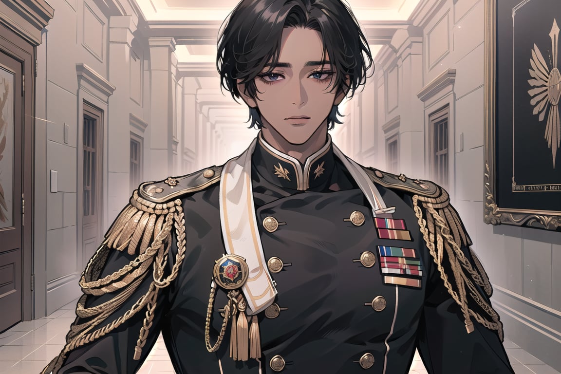 1 man, solo, ((black short hair)), (((dark skin:1.5))), (((center-parting bangs:1.5))), black eyes, mature, ((thin:1.5)), (((slim figure:1.5))), (((narrow shoulders:1.5))), handsome, angular jaw, thick neck, military, soldier, army, (military uniform:1.3), long sleeve, by Raphael, masterpiece, upper body shot, magnificent indoor hall