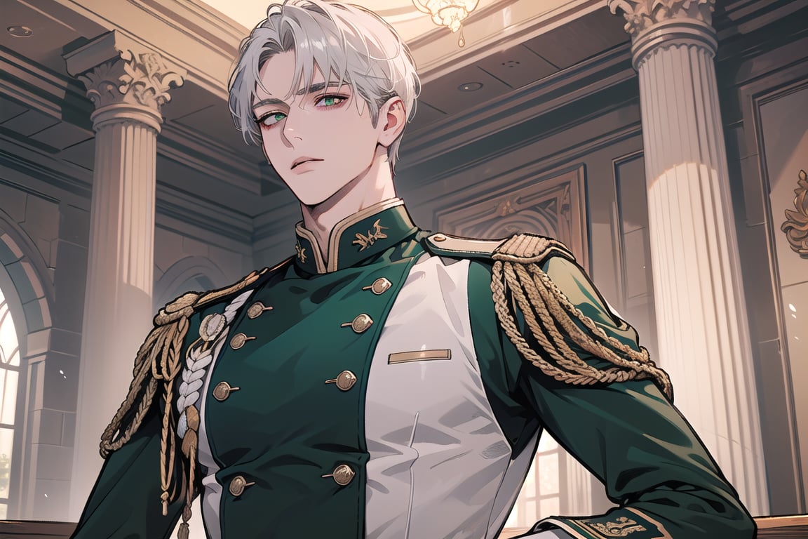 1 man, solo, ((white short hair)), green eyes, mature, ((thin:1.5)),(((slim figure:1.5))), (((narrow shoulders:1.5))), side-parting bangs, handsome, angular jaw, thick neck, military, soldier, army, (military uniform:1.3), long sleeve, by Raphael, masterpiece, upper body shot, magnificent indoor hall