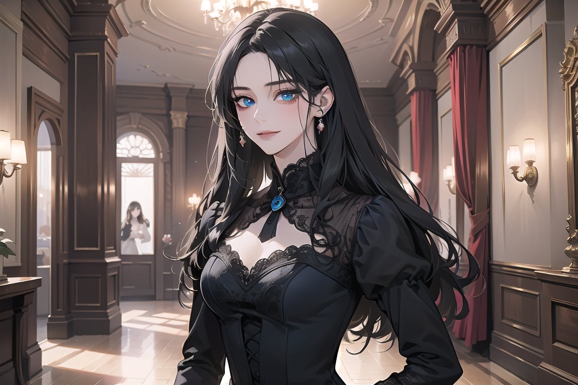 1 teen girl, solo, ((Black hair)), center parthair, straight long hair, blue eyes, evil smile, Red Bows, wearing a ((black Romanticism dress)), long sleeve, black lace, by Raphael, masterpiece, upper body shot, magnificent indoor hall