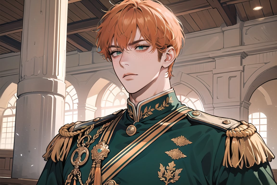 1 man, ((orange short curly hair)), (freckle), green eyes, handsome, angular jaw, thick neck, serious, royal, prince, upper body, male focus, (((simple military uniform:1.3))), long sleeve, by Raphael, masterpiece, upper body shot, magnificent indoor hall