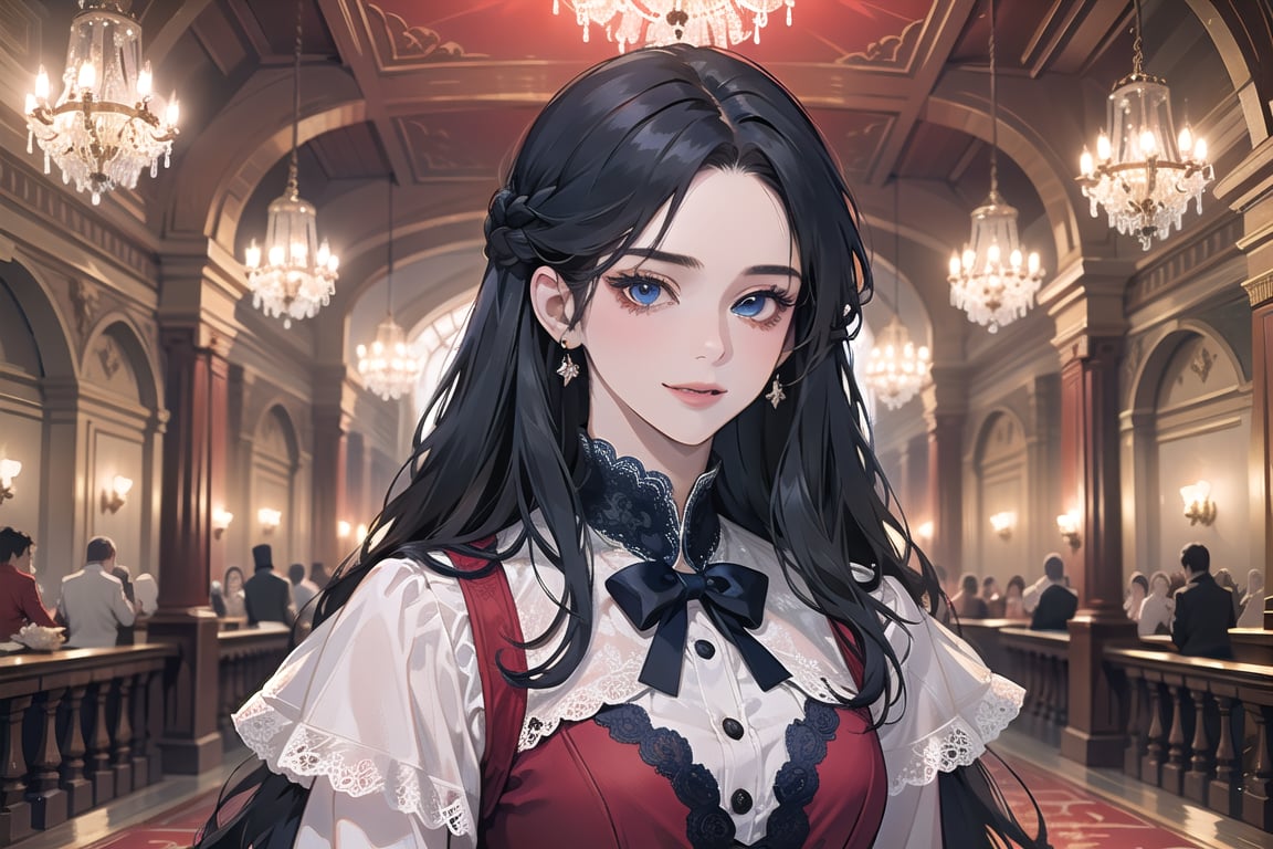 1 teen girl, solo, ((Black hair)), center parthair, straight long hair, blue eyes, evil smile, Red Bows, wearing a ((navy Romanticism dress)), long sleeve, black lace, by Raphael, masterpiece, upper body shot, magnificent indoor hall