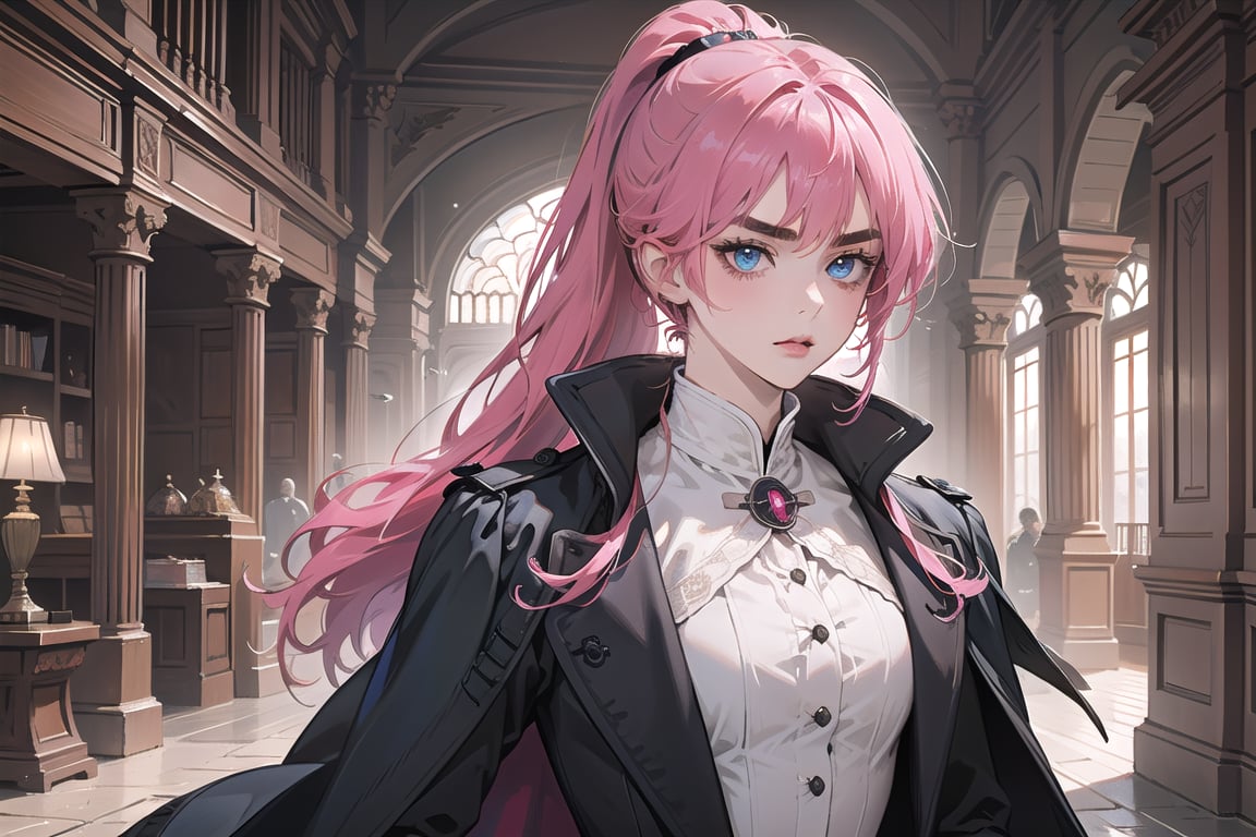 1 teen girl, solo, 1 teen girl, solo, ((Fuchsia hair)), (thick eyebrows), (small chest:1.1), bangs, long ponytail, blue eyes, ready for battle, wearing a (black Greatcoat)), long sleeve, by Raphael, masterpiece, upper body shot, magnificent indoor hall