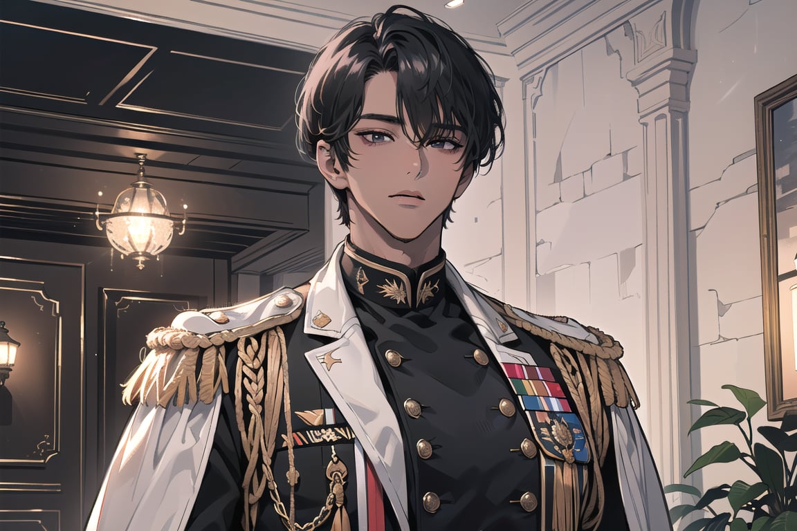 1 man, solo, ((black very short hair)), (((dark skin:1.5))), (((center-parting bangs:1.5))), black eyes, mature, ((thin:1.5)), (((slim figure:1.5))), (((narrow shoulders:1.5))), handsome, angular jaw, thick neck, military, soldier, army, (military uniform:1.3), long sleeve, by Raphael, masterpiece, upper body shot, magnificent indoor hall