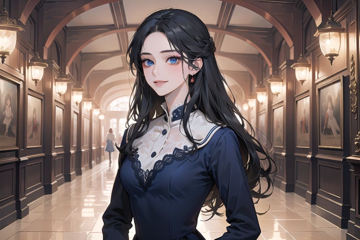 1 teen girl, solo, ((Black hair)), center parthair, straight long hair, blue eyes, evil smile, Red Bows, wearing a ((navy Romanticism dress)), long sleeve, black lace, by Raphael, masterpiece, upper body shot, magnificent indoor hall