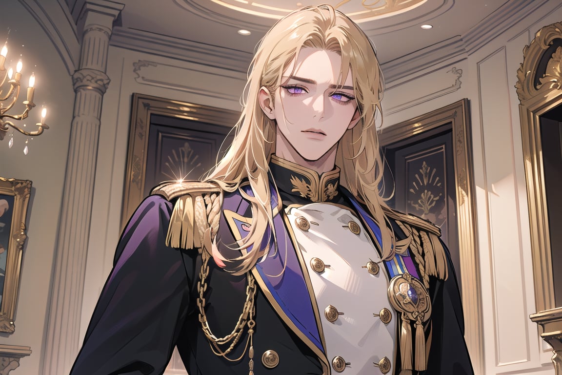 1man, mature, ((Goldenrod hair)), ((long coli hair)), (((half-down))), ((purple eyes)), mature, ((Medium score)), To reveal the forehead, handsome, angular jaw, thick neck, serious, ready for battle, royal, prince, upper body, male focus, (milatary uniform:1.3), long sleeve, by Raphael, masterpiece, upper body shot, magnificent indoor hall